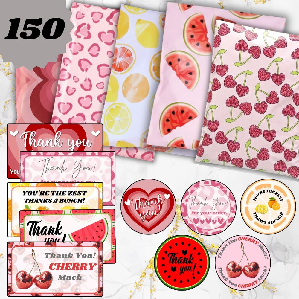 150 Pack 10x13” ASSORTED POLYMAILERS & Thank you CARDS & STICKERS